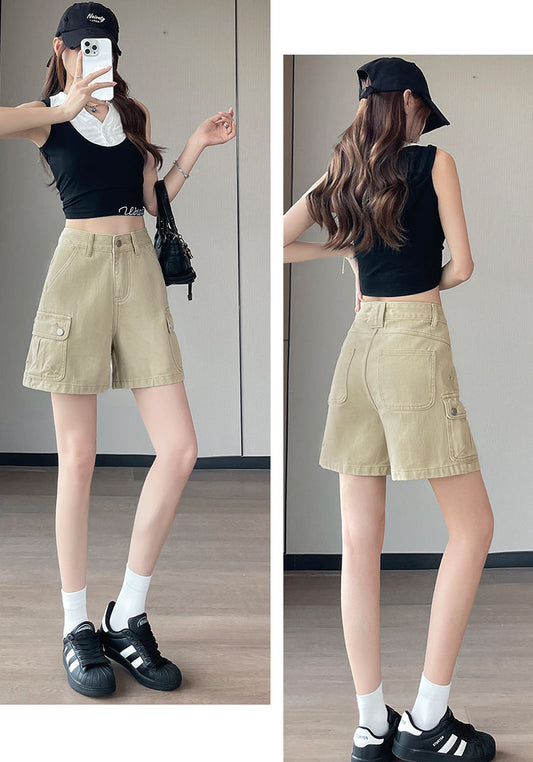 Women's High-Waist Cargo Denim Shorts – Loose Fit A-Line Utility Shorts with Side Pockets