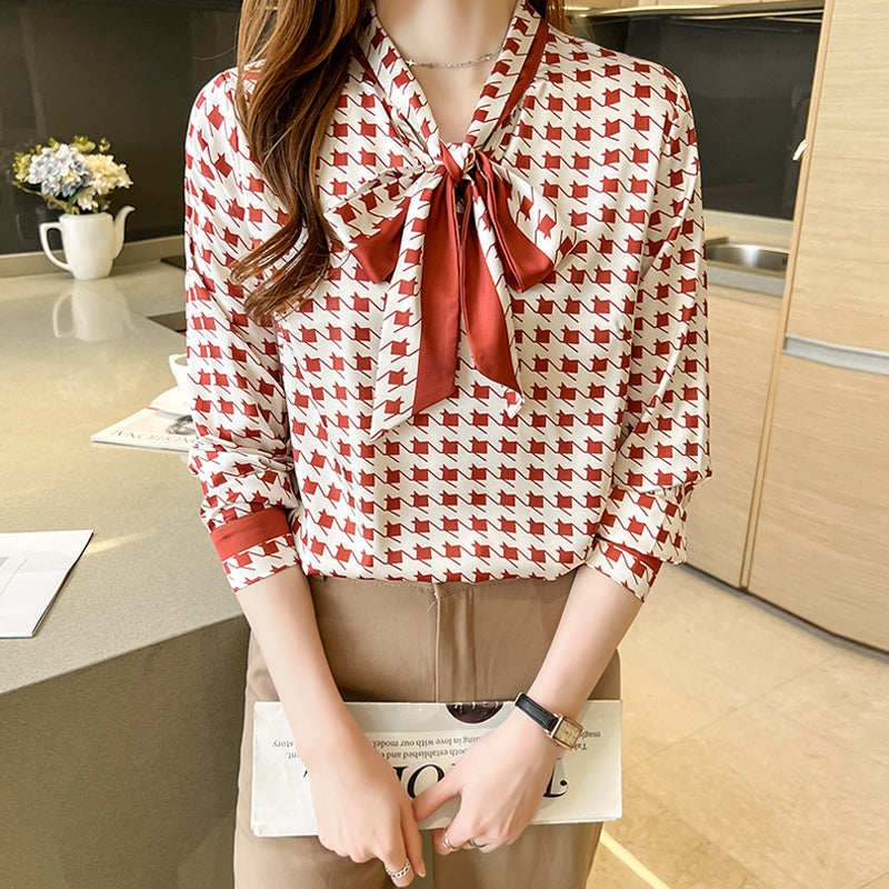 Women's Long Sleeve Houndstooth Tie-Neck Blouse | Elegant Workwear Top