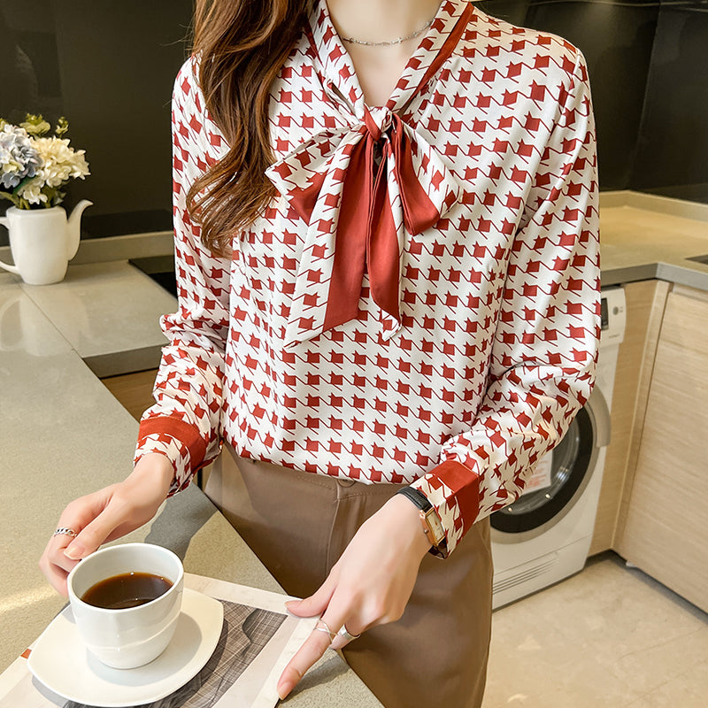 Women's Long Sleeve Houndstooth Tie-Neck Blouse | Elegant Workwear Top