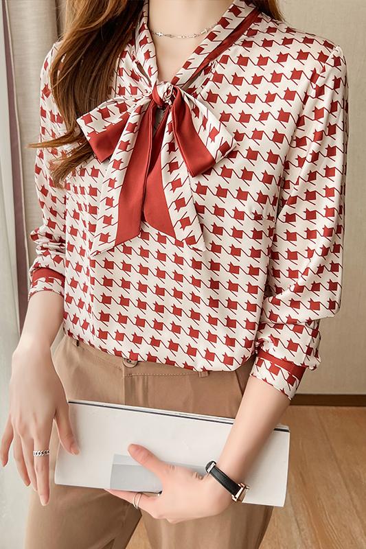 Women's Long Sleeve Houndstooth Tie-Neck Blouse | Elegant Workwear Top