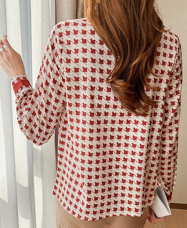 Women's Long Sleeve Houndstooth Tie-Neck Blouse | Elegant Workwear Top