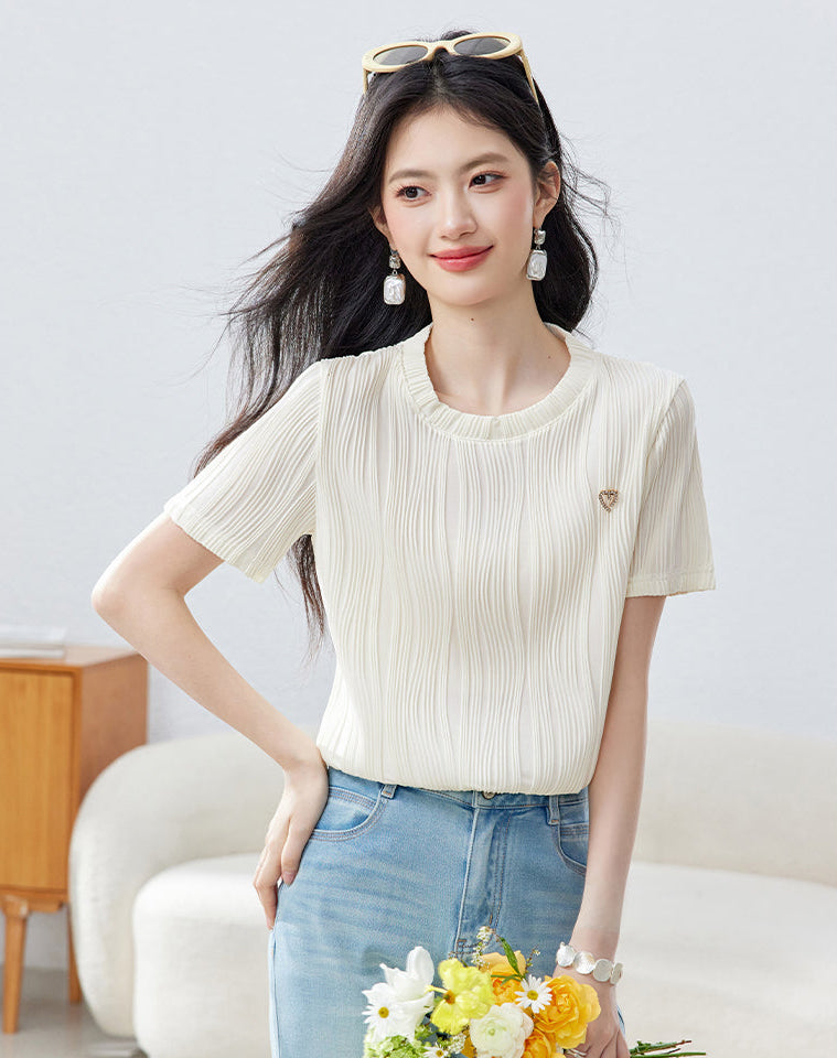 Aura Ribbed Short-Sleeve Knit Blouse