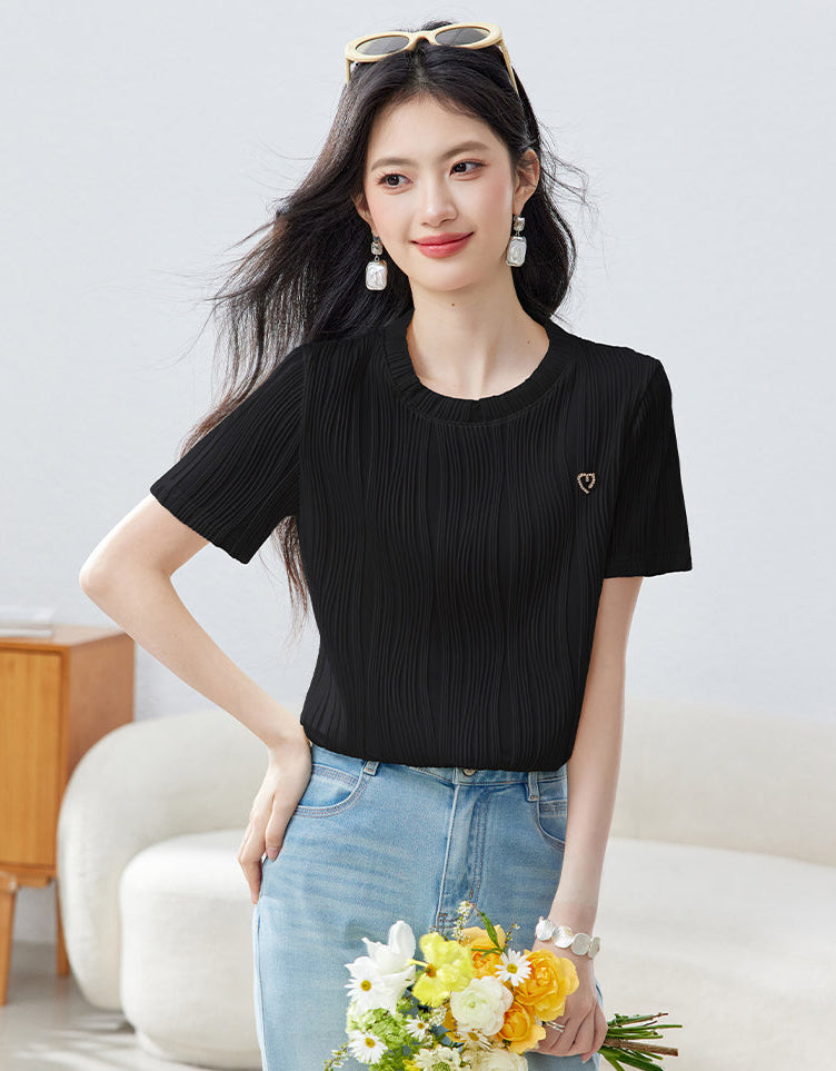 Aura Ribbed Short-Sleeve Knit Blouse