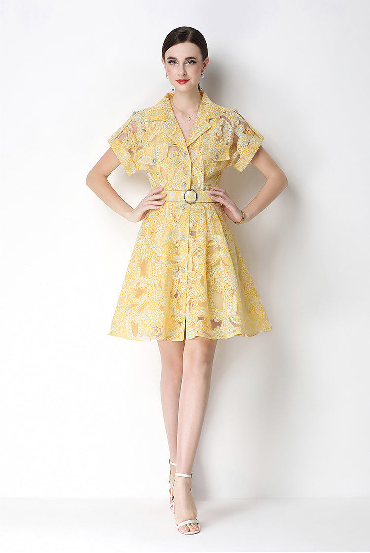 Retro Notch-Lapel Lace Mini Shirt Dress