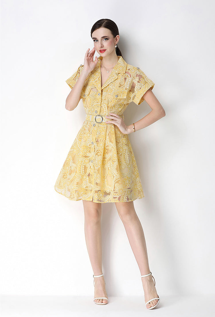 Retro Notch-Lapel Lace Mini Shirt Dress