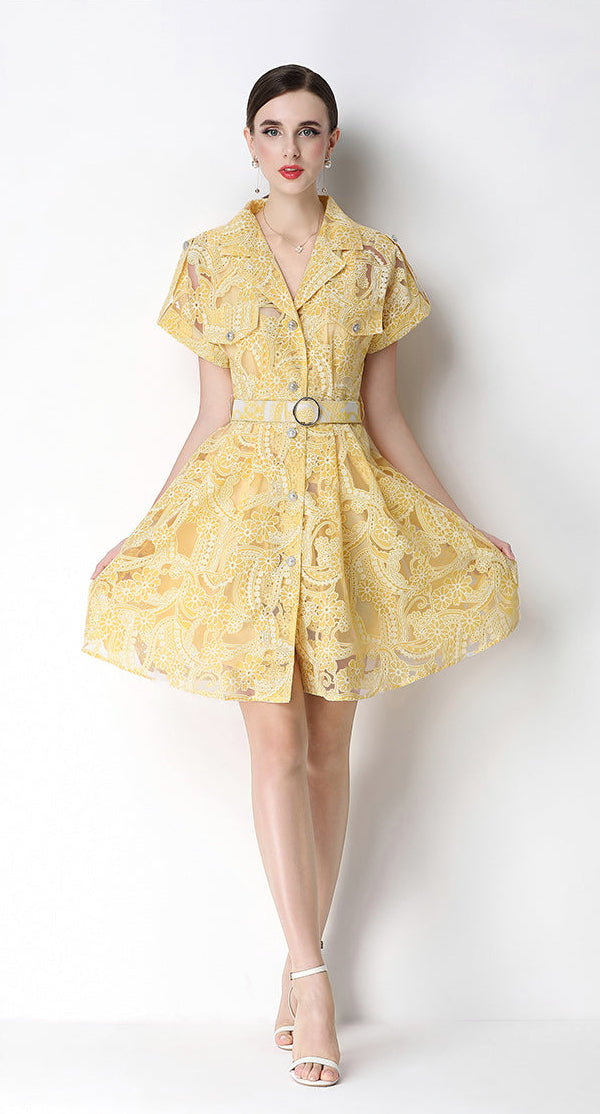 Retro Notch-Lapel Lace Mini Shirt Dress
