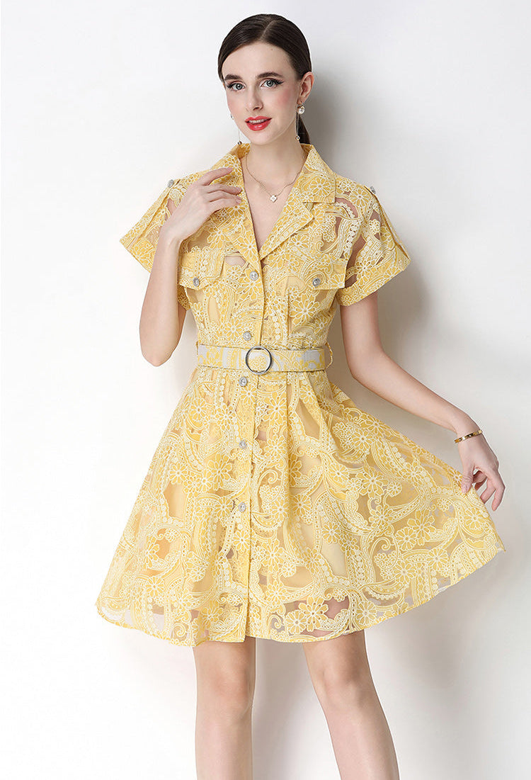 Retro Notch-Lapel Lace Mini Shirt Dress