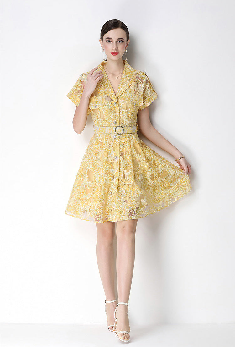Retro Notch-Lapel Lace Mini Shirt Dress