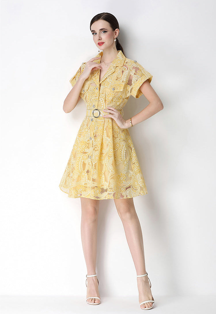 Retro Notch-Lapel Lace Mini Shirt Dress