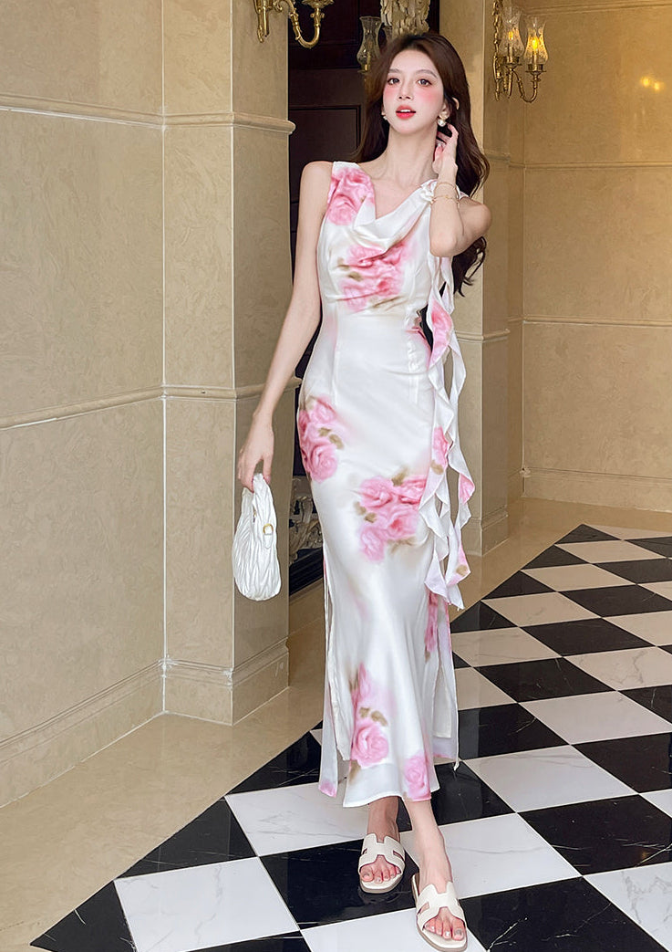 Women's Vintage Floral Print V-Neck Midi Dress - Pink Rose