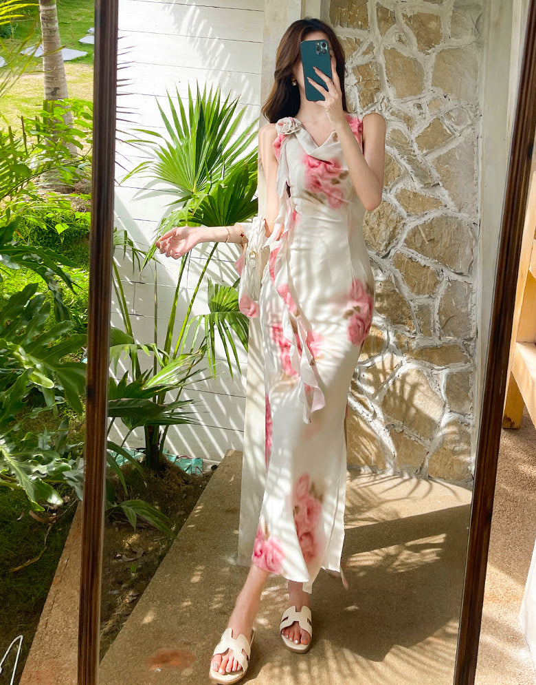 Women's Vintage Floral Print V-Neck Midi Dress - Pink Rose