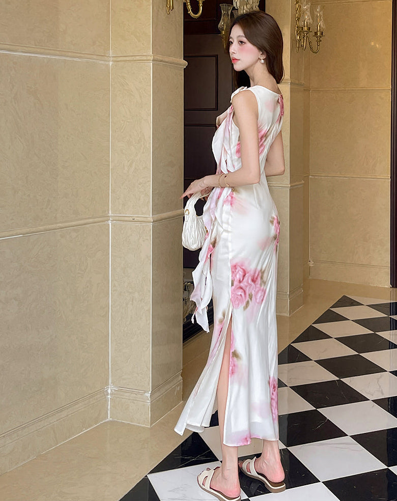 Women's Vintage Floral Print V-Neck Midi Dress - Pink Rose
