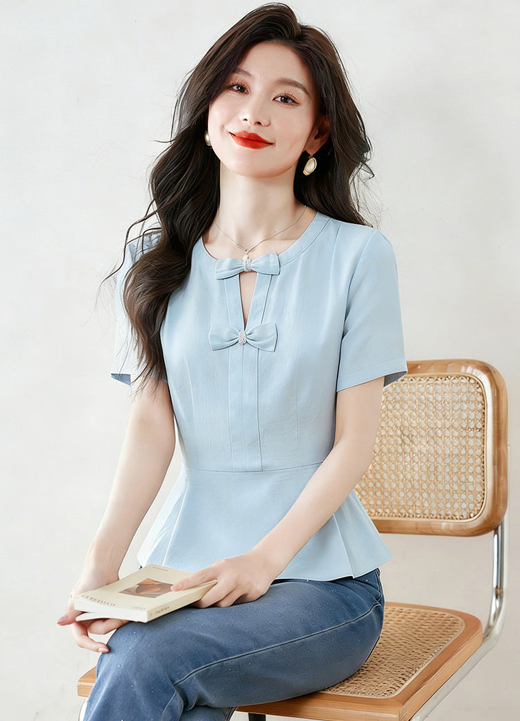Short Sleeve Bow-Front Keyhole Peplum Top