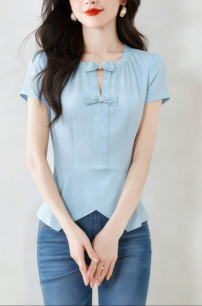 Short Sleeve Bow-Front Keyhole Peplum Top