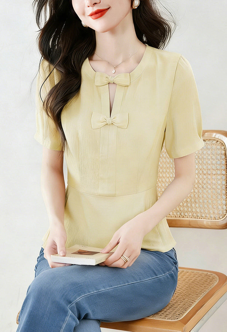 Short Sleeve Bow-Front Keyhole Peplum Top