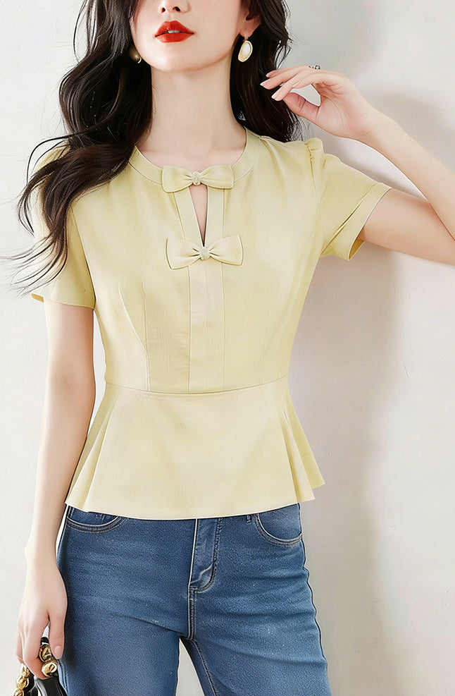 Short Sleeve Bow-Front Keyhole Peplum Top