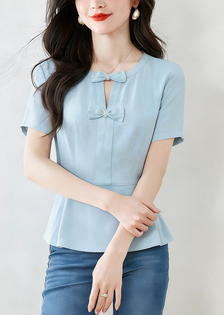 Short Sleeve Bow-Front Keyhole Peplum Top