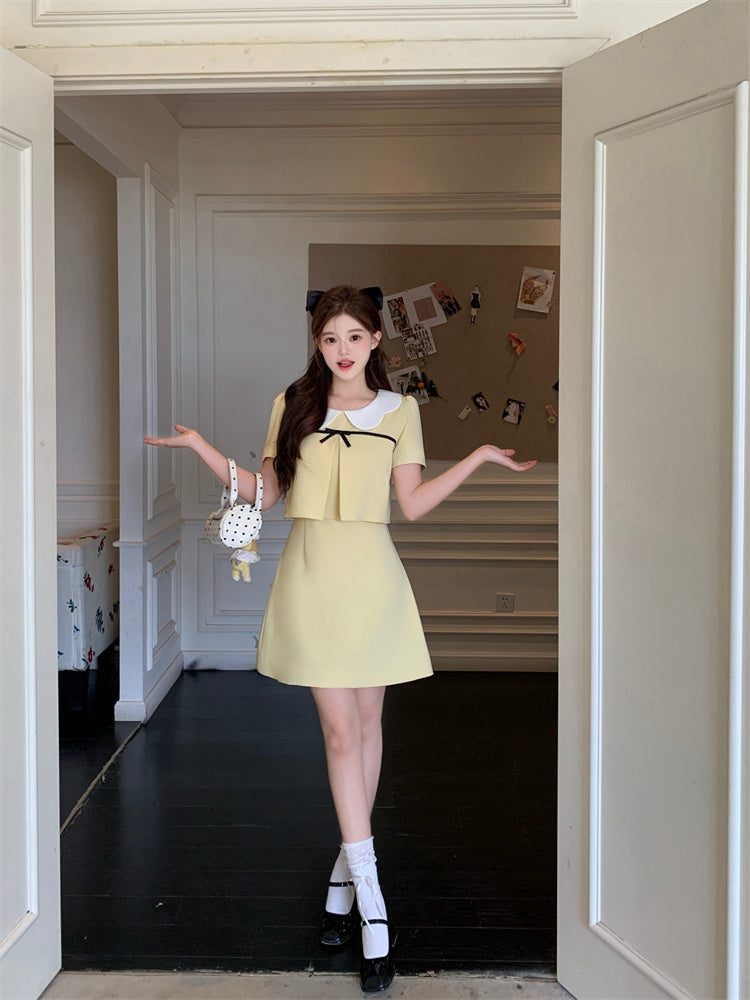 Yellow Chanel-Style Sweet Round Neck Short-Sleeved Mini Dress