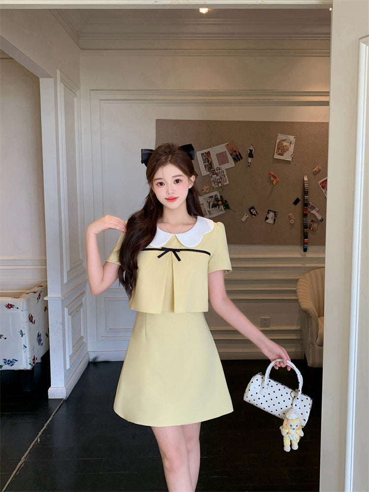 Yellow Chanel-Style Sweet Round Neck Short-Sleeved Mini Dress