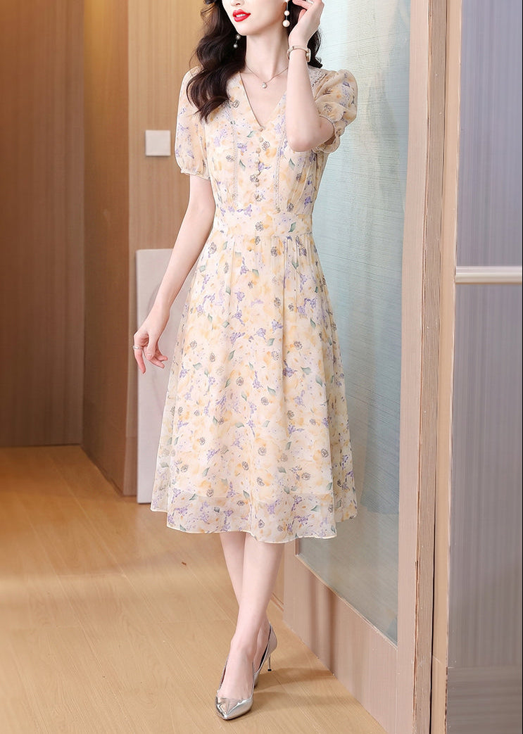 Yellow Floral Chiffon Midi Dress with Puff Sleeves