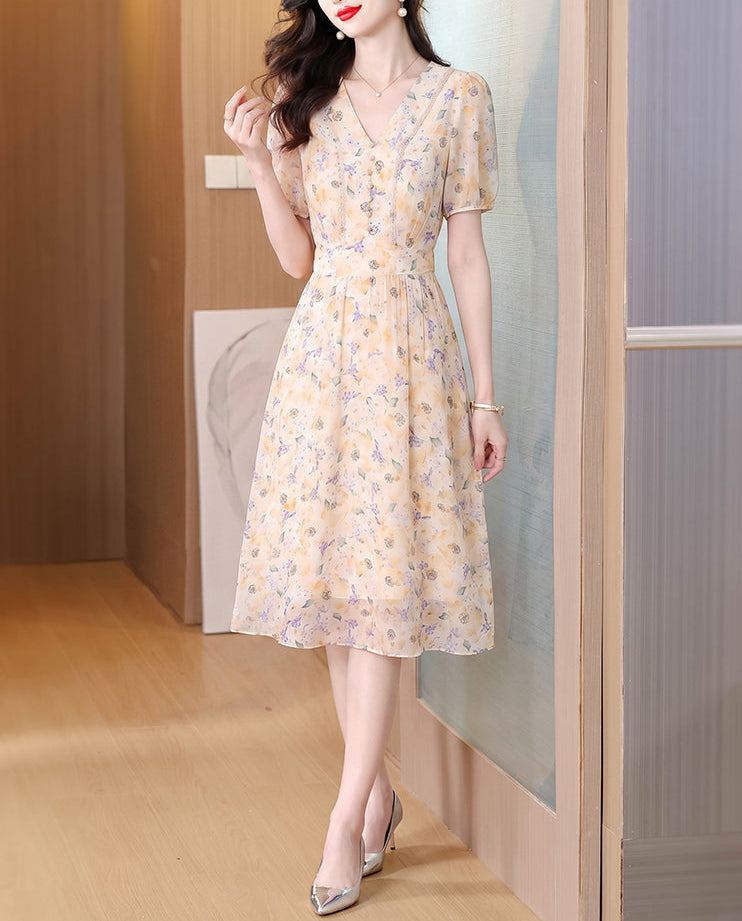 Yellow Floral Chiffon Midi Dress with Puff Sleeves