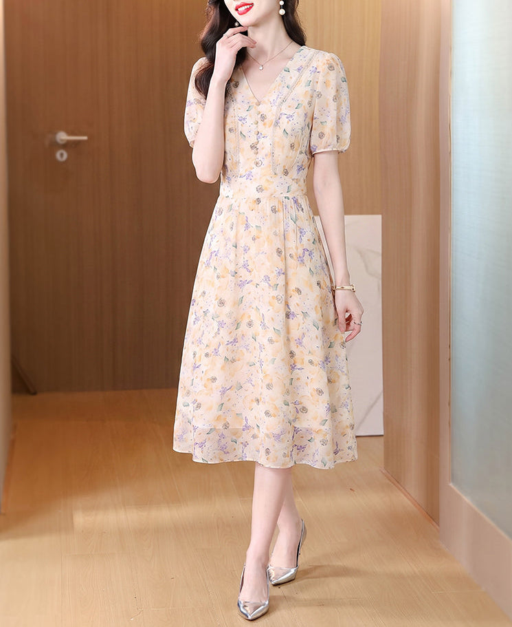 Yellow Floral Chiffon Midi Dress with Puff Sleeves