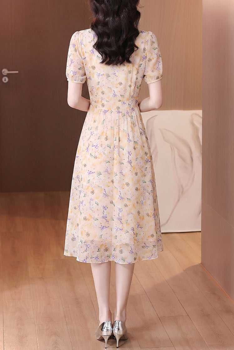 Yellow Floral Chiffon Midi Dress with Puff Sleeves