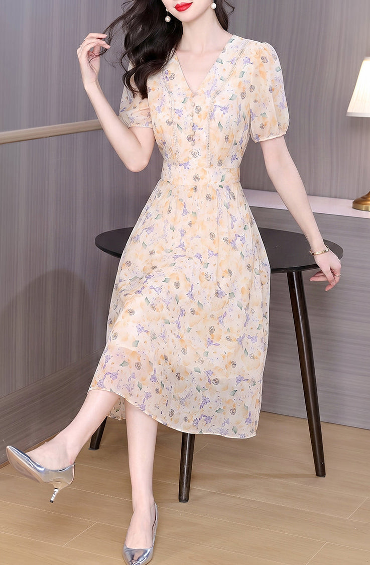 Yellow Floral Chiffon Midi Dress with Puff Sleeves