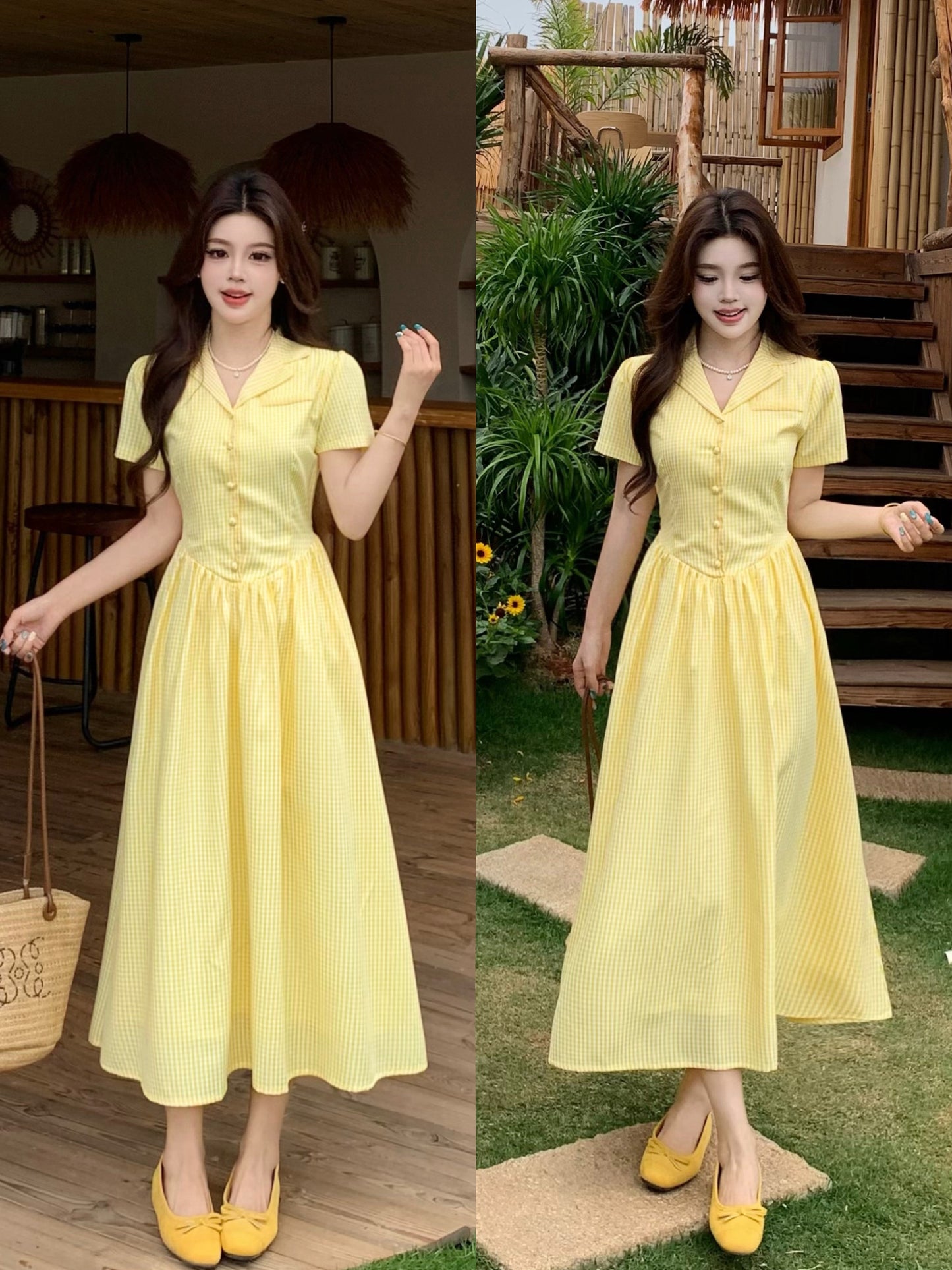 French Style Butter-Yellow Button-Down Tea Dress