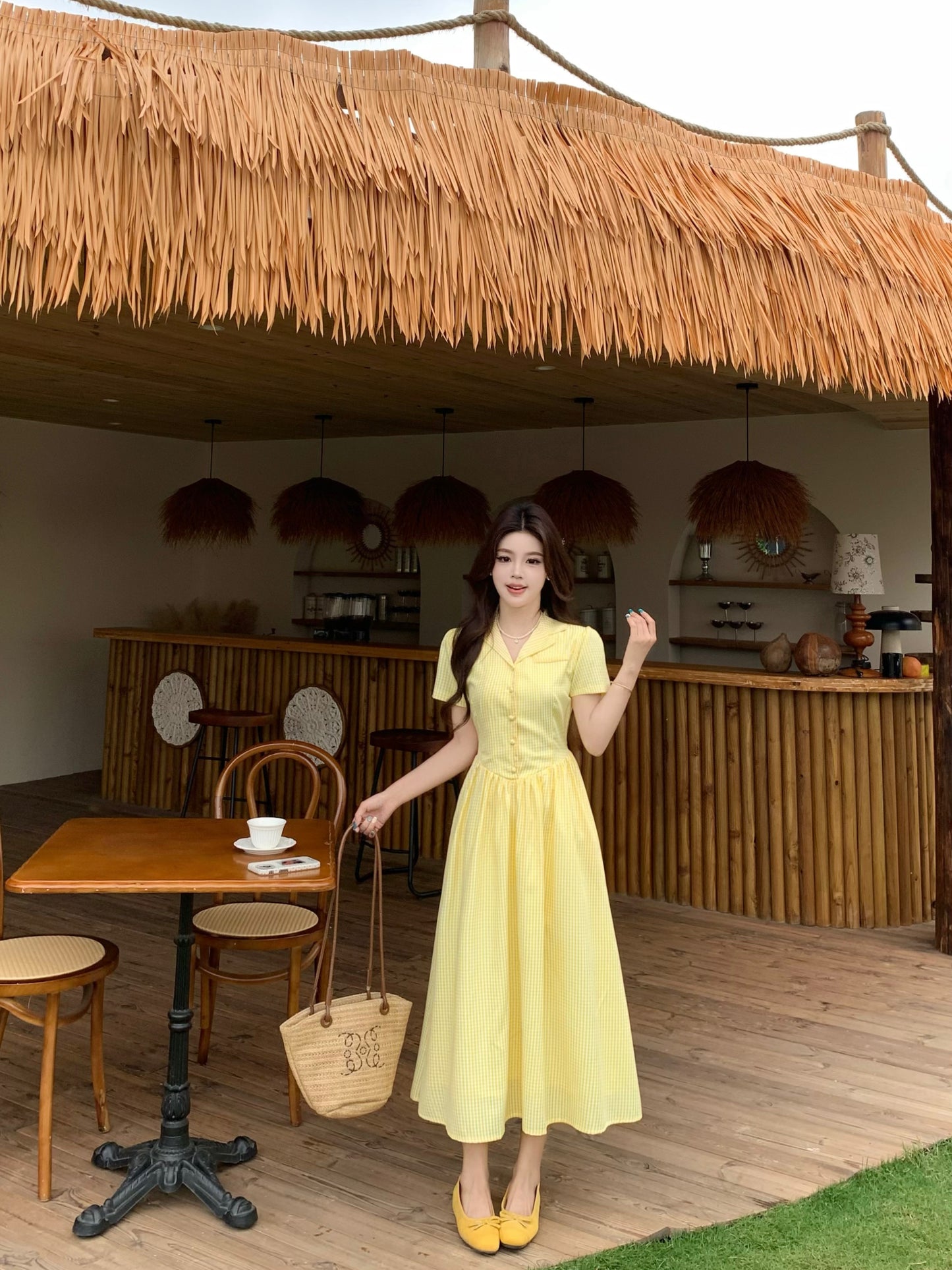 French Style Butter-Yellow Button-Down Tea Dress