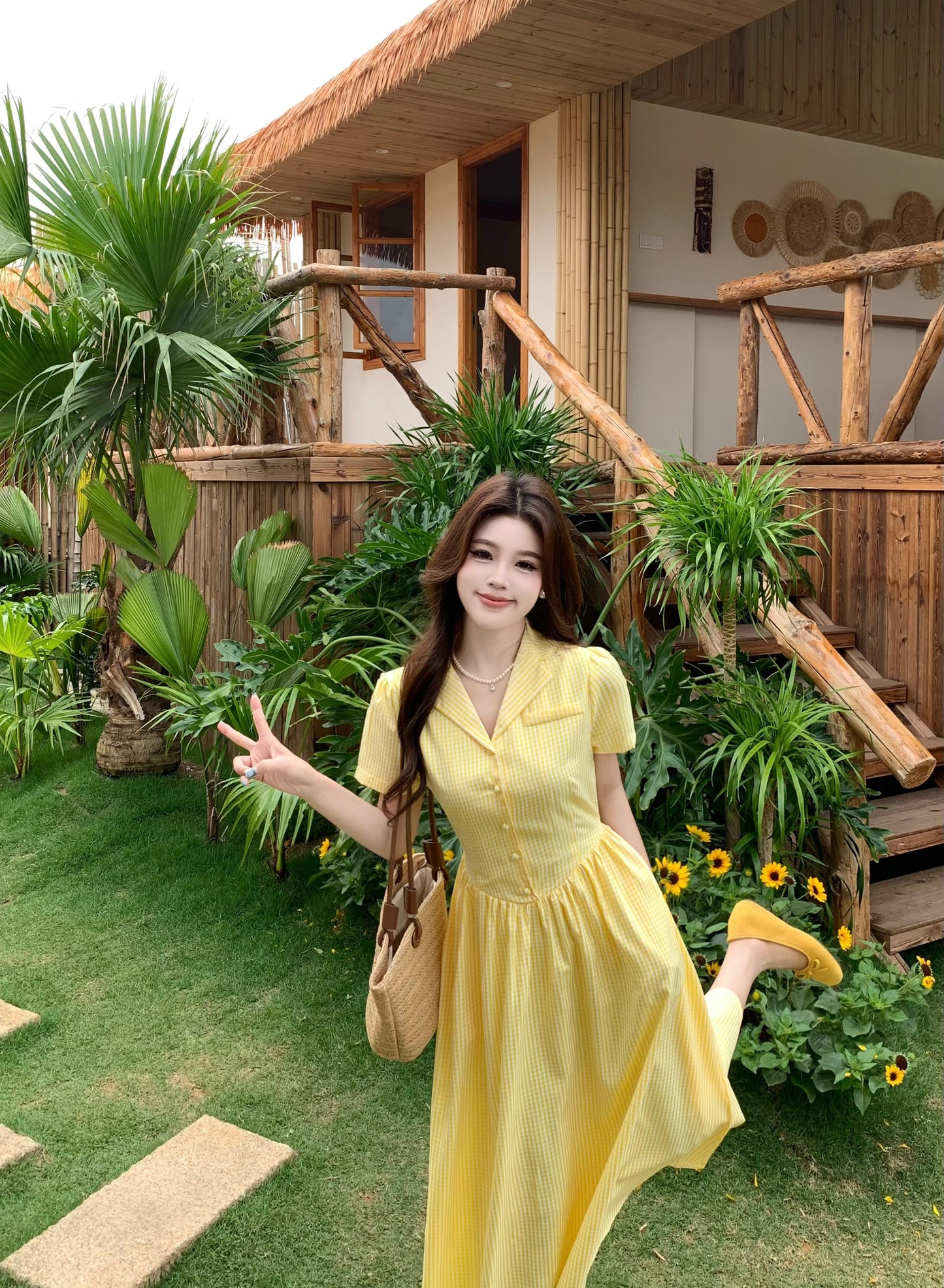 French Style Butter-Yellow Button-Down Tea Dress
