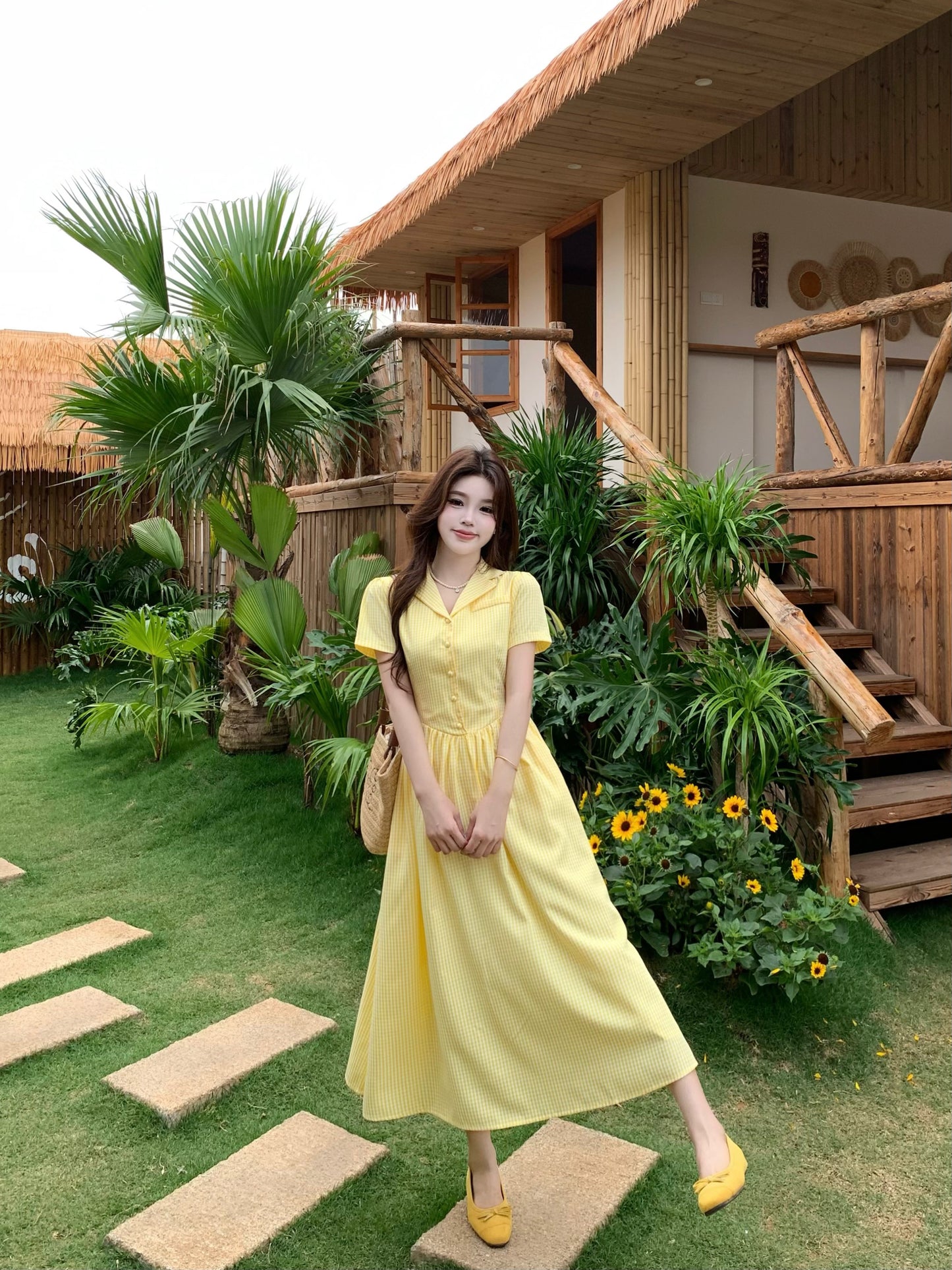 French Style Butter-Yellow Button-Down Tea Dress