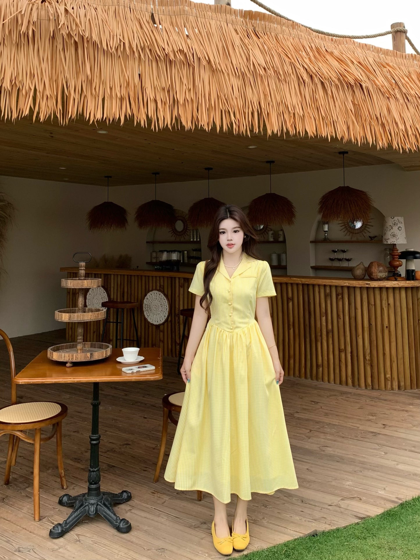 French Style Butter-Yellow Button-Down Tea Dress