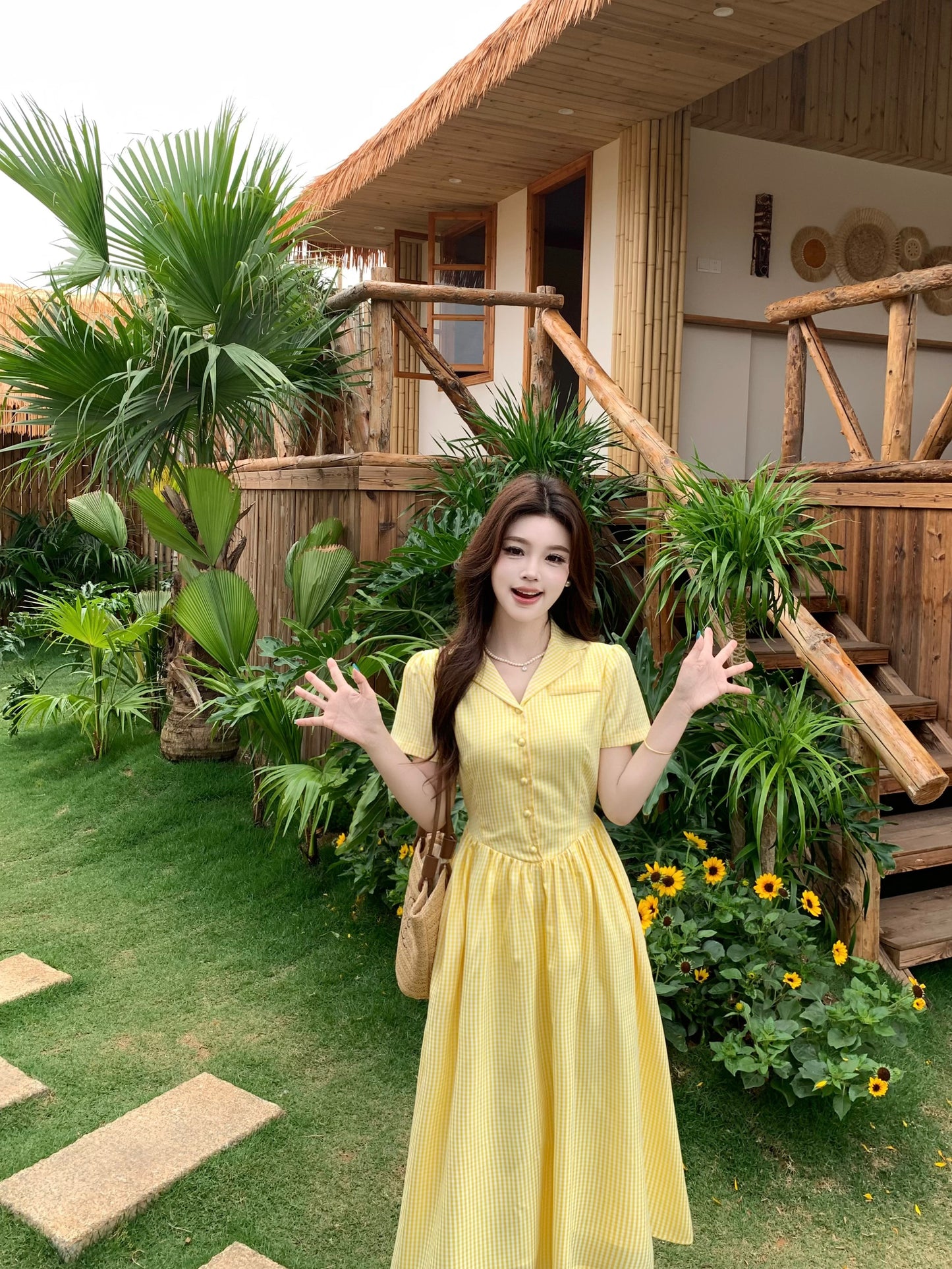 French Style Butter-Yellow Button-Down Tea Dress