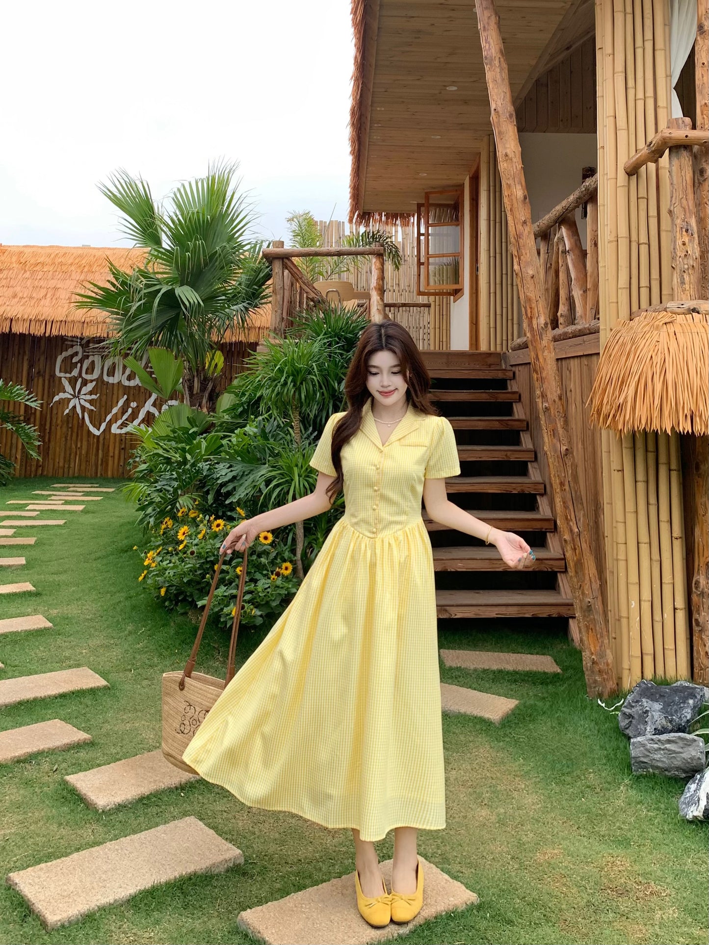 French Style Butter-Yellow Button-Down Tea Dress