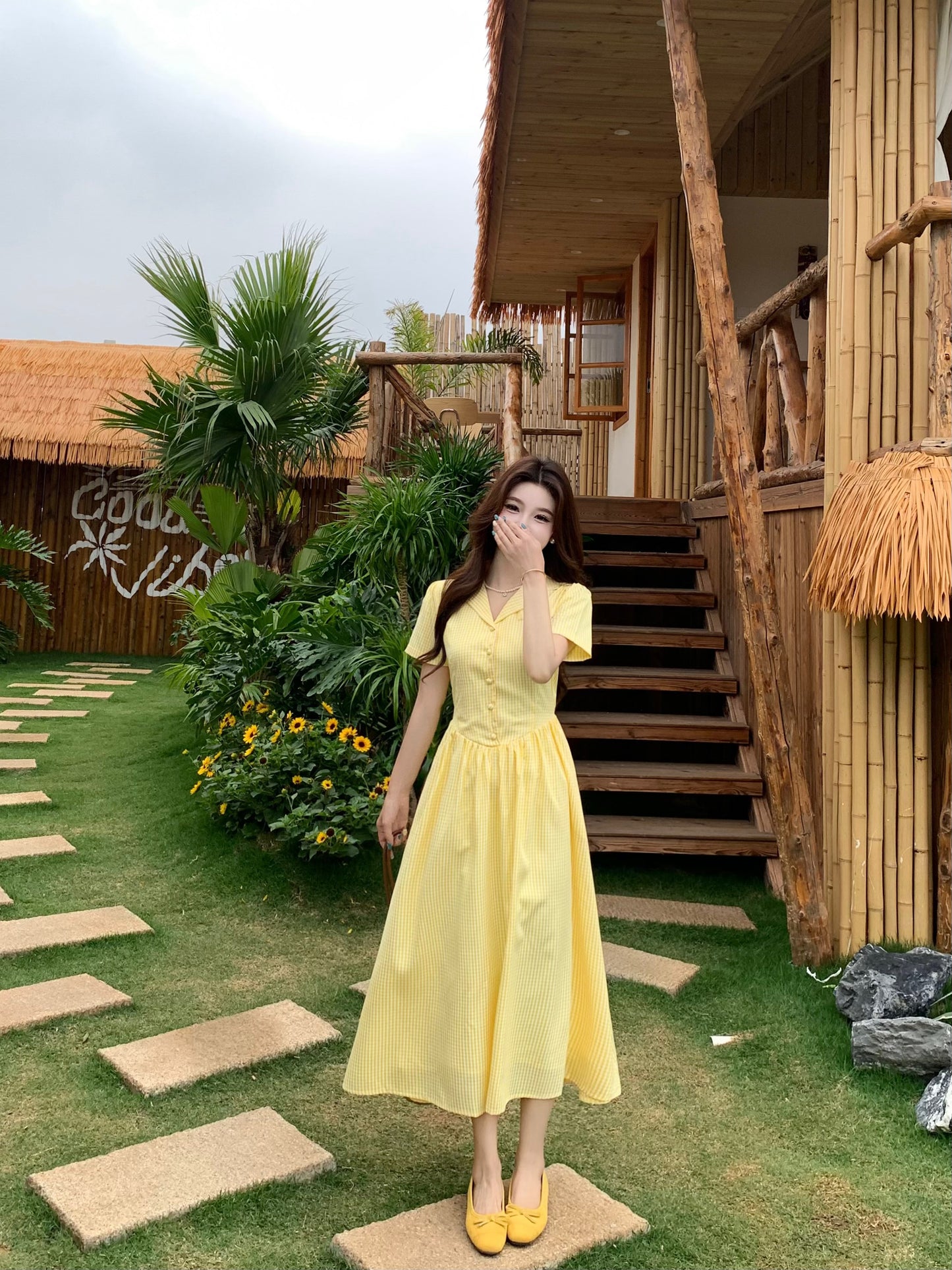 French Style Butter-Yellow Button-Down Tea Dress