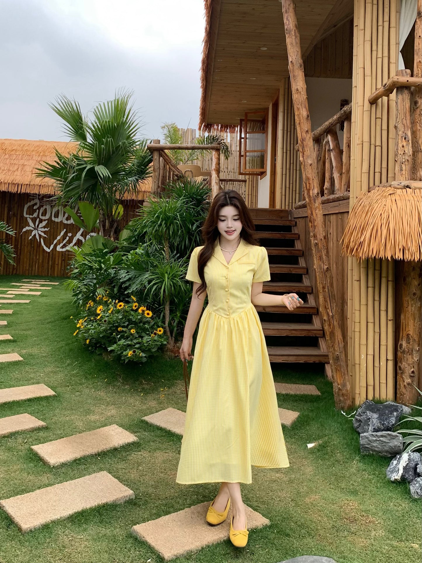 French Style Butter-Yellow Button-Down Tea Dress