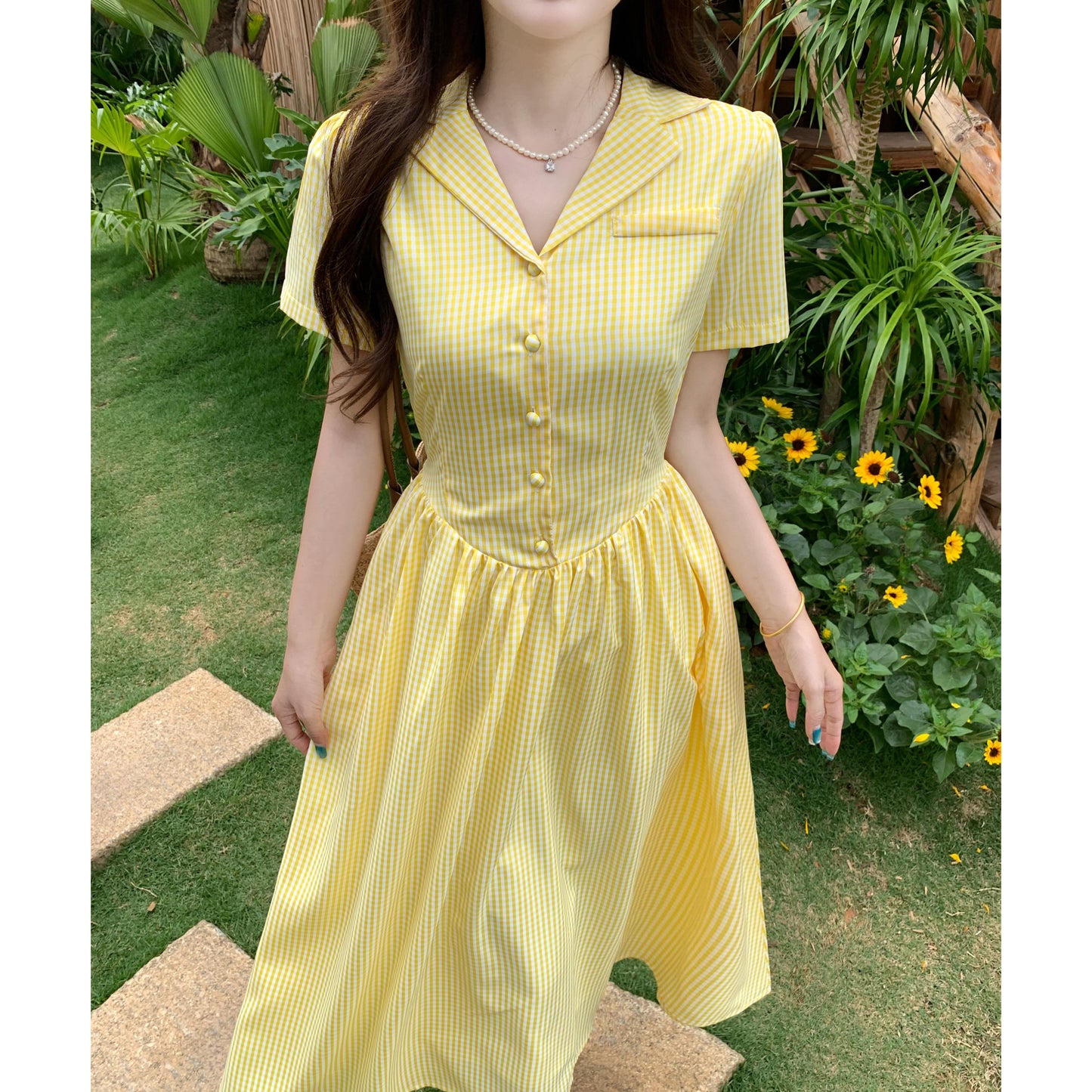 French Style Butter-Yellow Button-Down Tea Dress