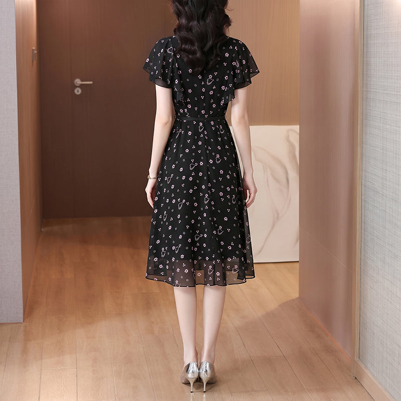 Lily Printed Black A-Line Midi Dress