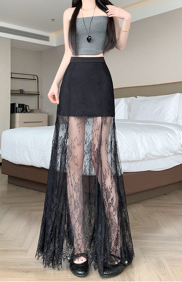 Sheer Floral Lace Maxi Skirt with Mini Lining | High-Waisted Overlay Skirt