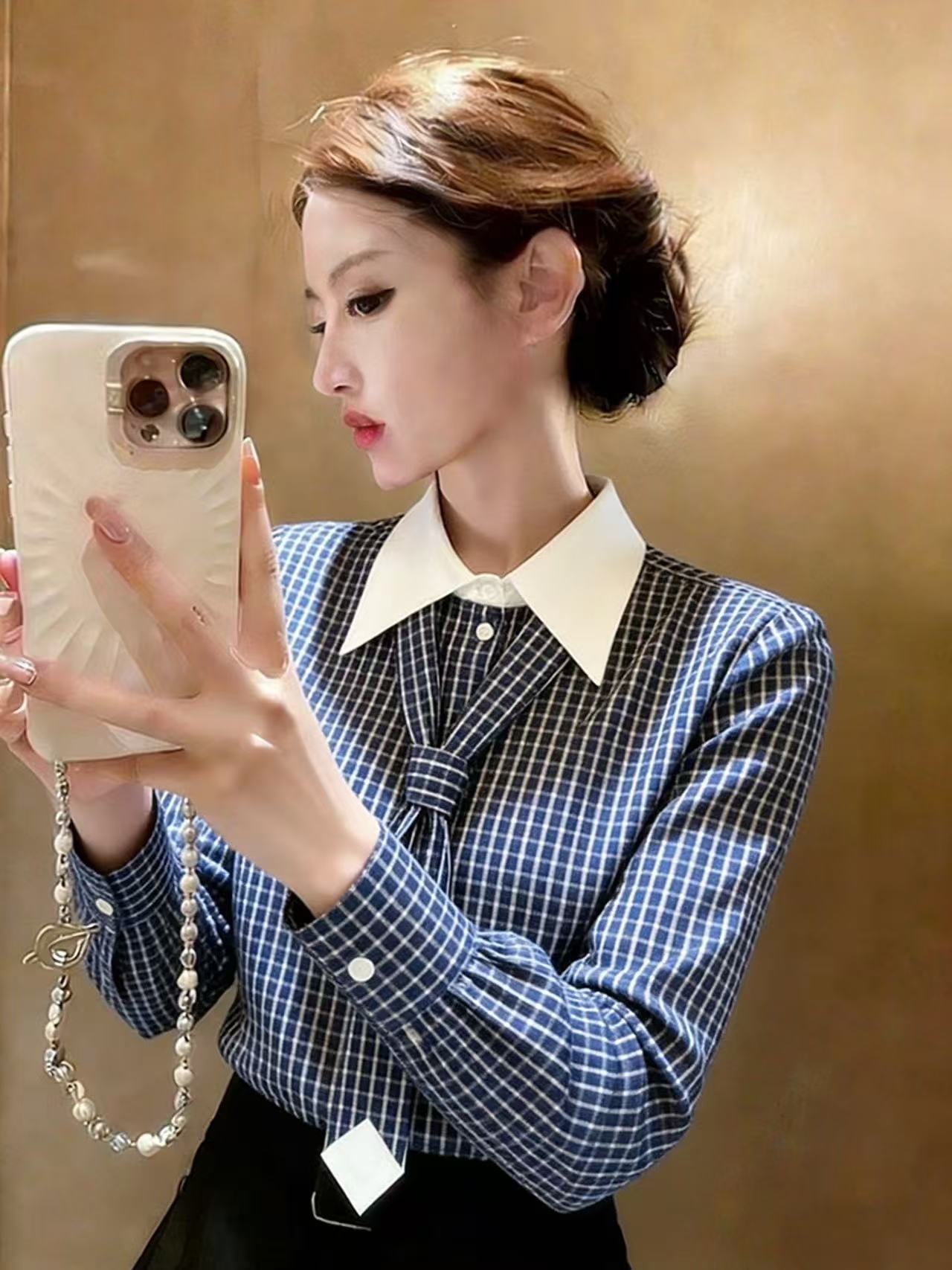 Blue Micro-Check Long Sleeve Blouse With Bold White Collar