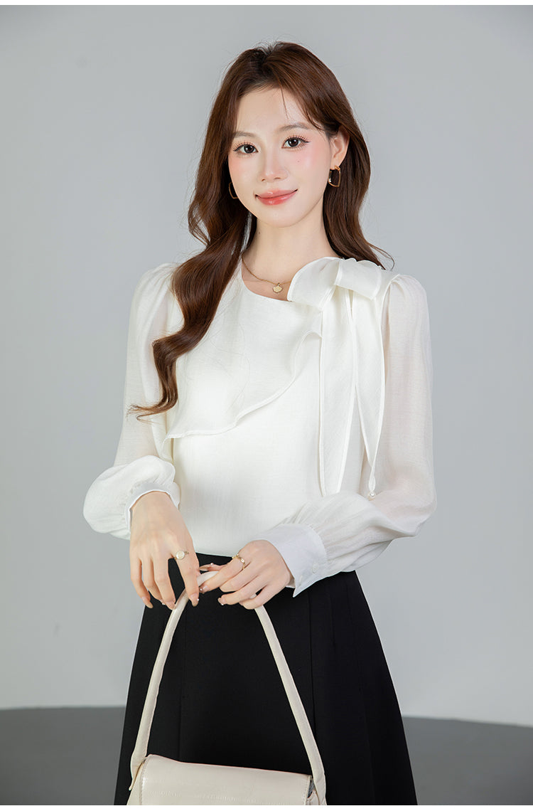 Graceful Asymmetrical Ruffle Cuff Blouse