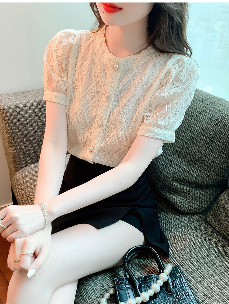 French Retro Lace Button-Up
