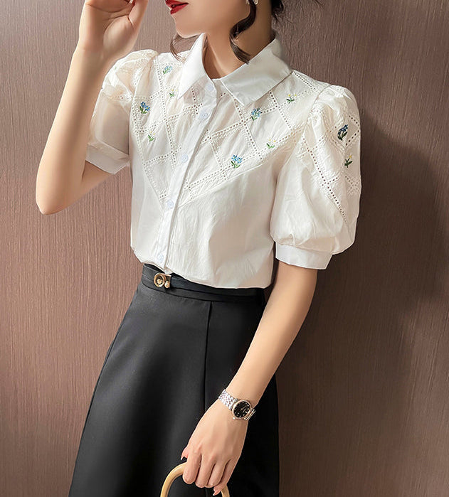 Floral Lattice Embroidered Button-Down With Puff Sleeves