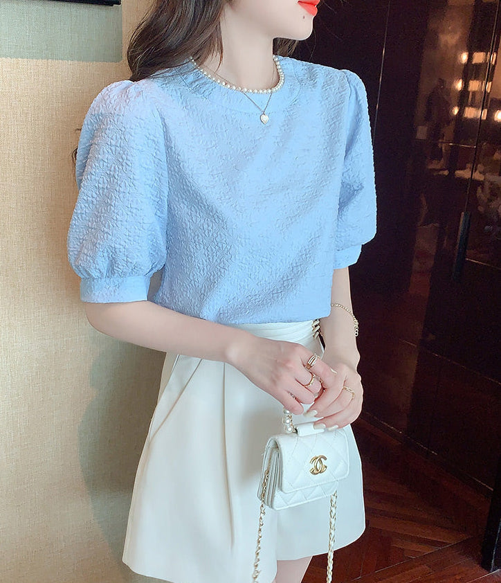 Aurelia Pearl-Trimmed Jacquard Puff Sleeve Blouse