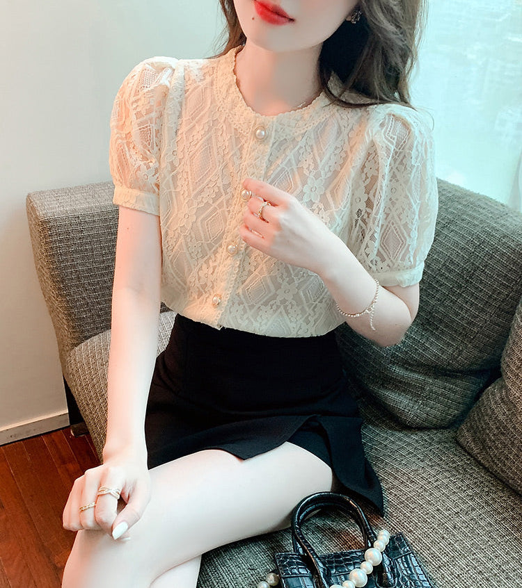 French Retro Lace Button-Up