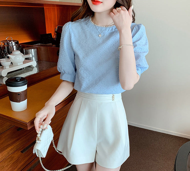 Aurelia Pearl-Trimmed Jacquard Puff Sleeve Blouse