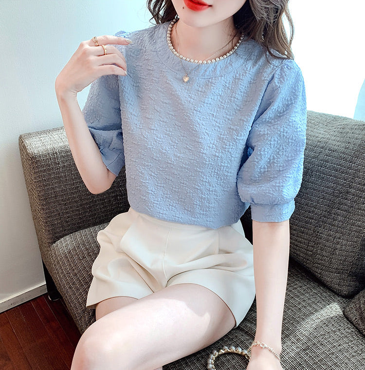 Aurelia Pearl-Trimmed Jacquard Puff Sleeve Blouse
