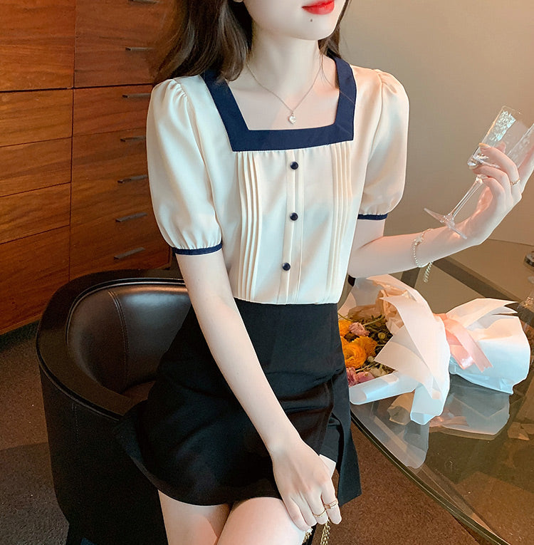 Vintage-Inspired Square Neck Button-Up Blouse With Pintuck Details
