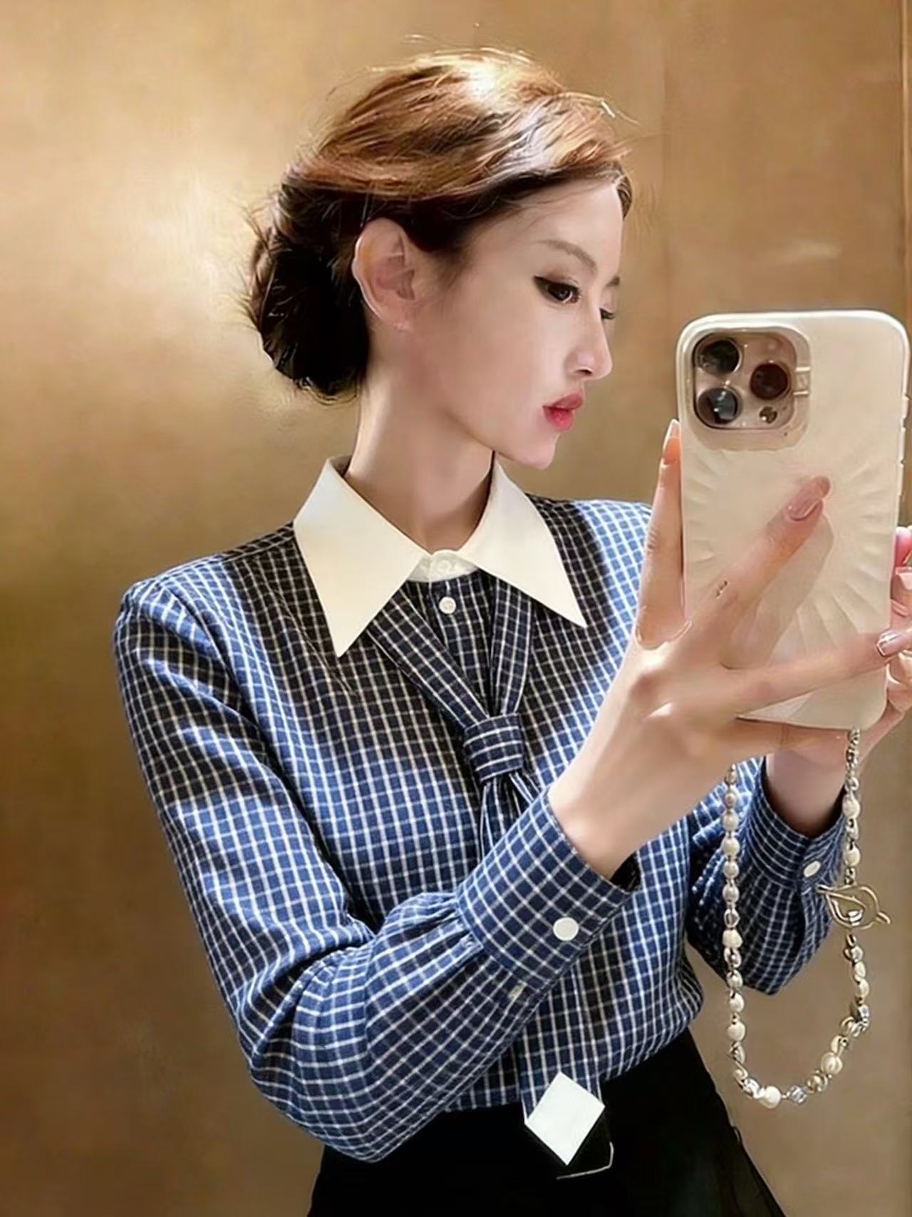 Blue Micro-Check Long Sleeve Blouse With Bold White Collar